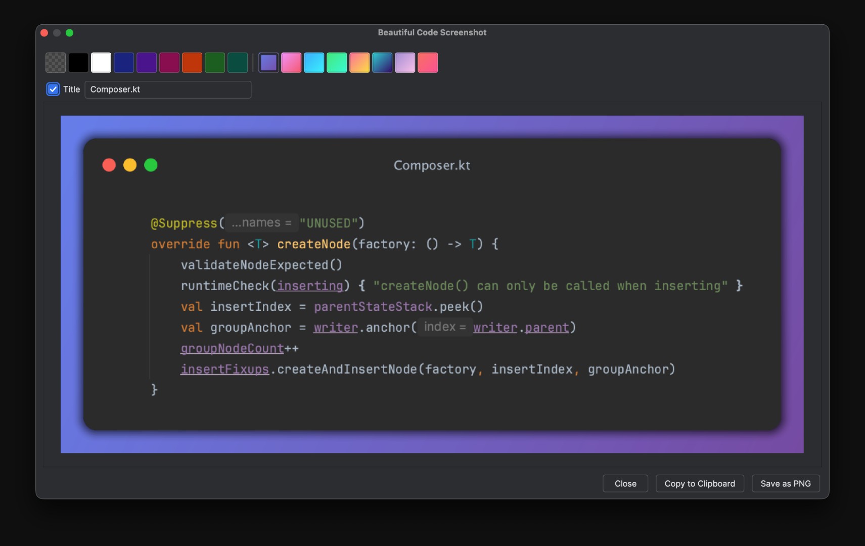 Beautiful Code Screenshot Plugin